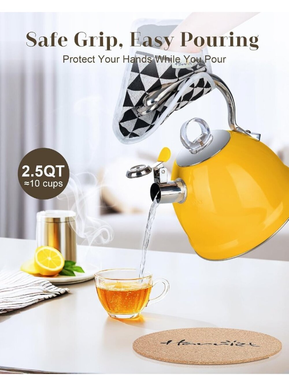 2.5 Qt Stainless Steel Whistling Tea Kettle for Gas, Electric Induction Yellow - Picture 6 of 7